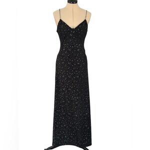 90s Jump Black Slinky Dress with Floral Glitter Pattern & Faux Crystal Straps